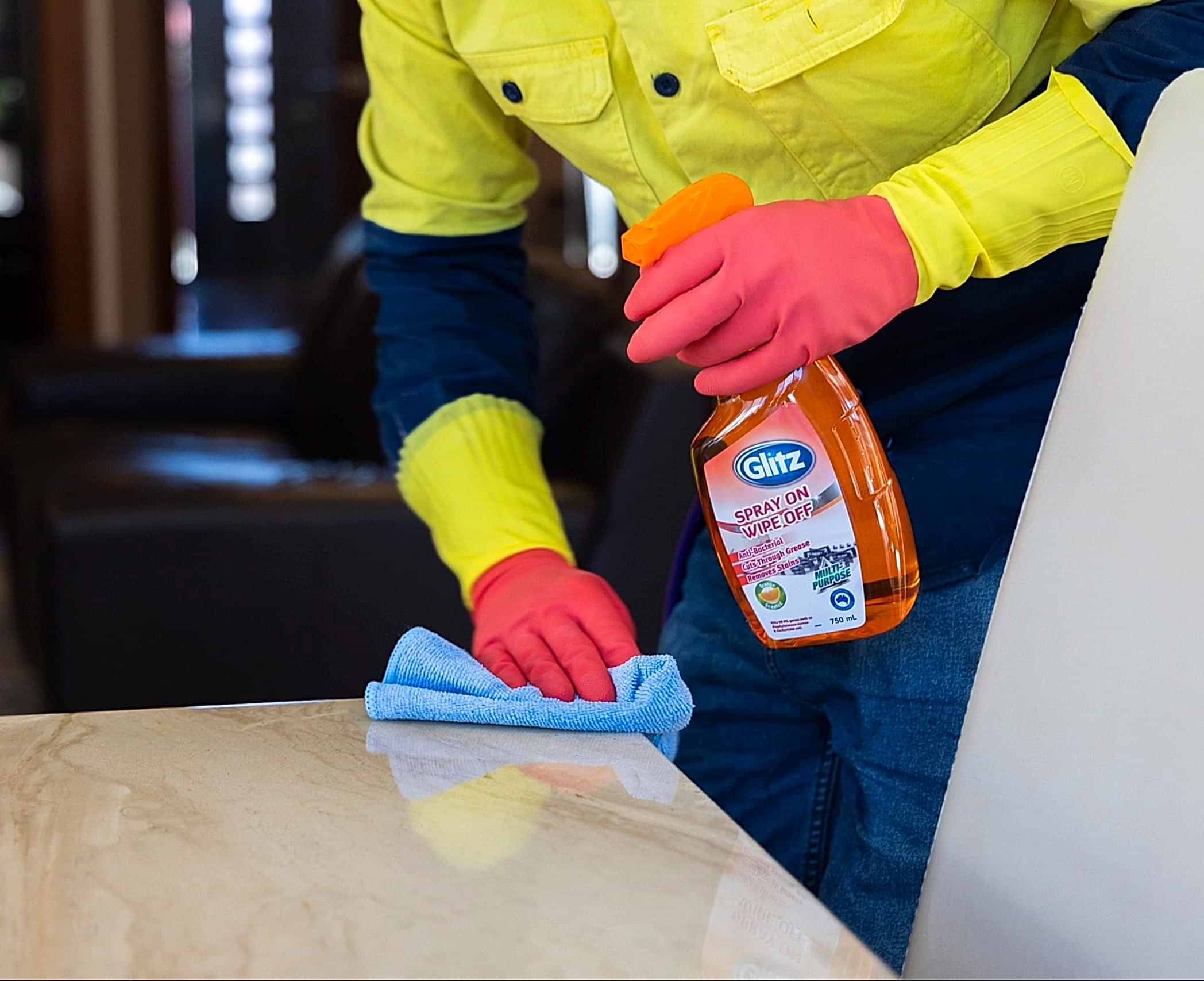 benchtop being scrubbed